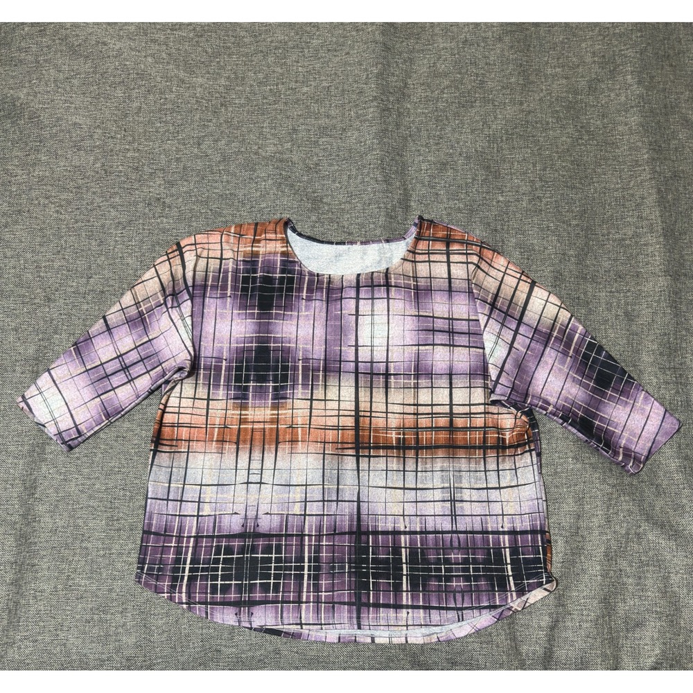 Unbranded Womens XL Top Purple Plaid 3/4 Sleeve‎ Scoop Neck Casual